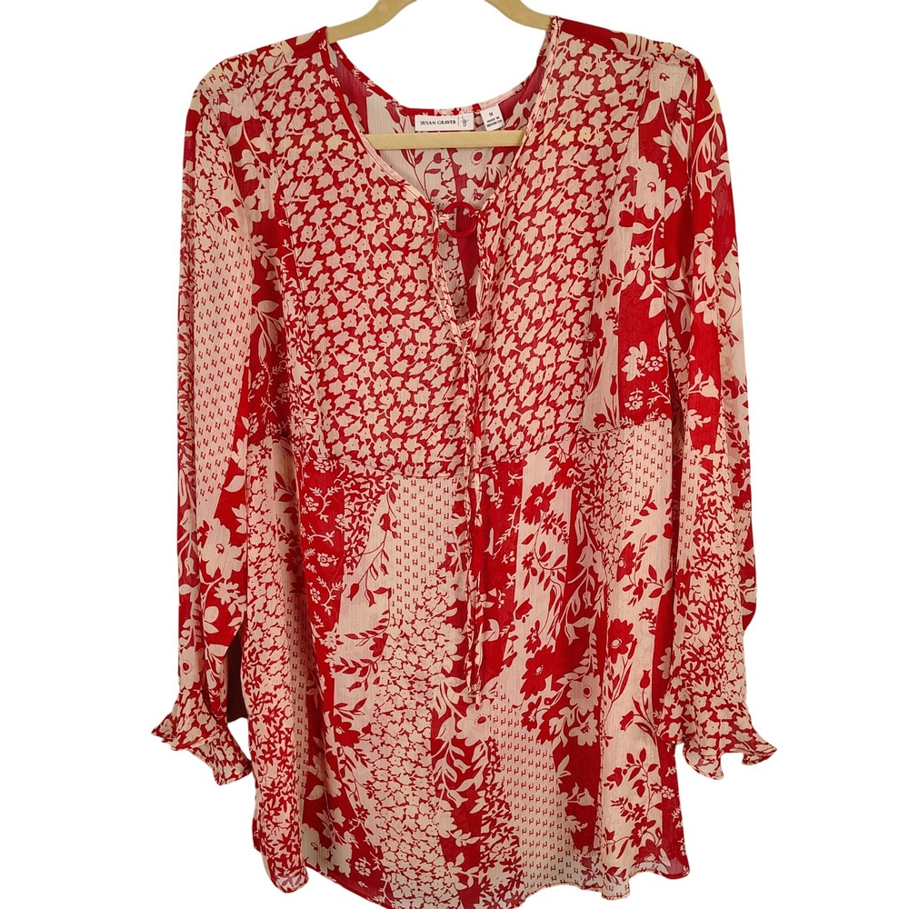 Susan Graver Womens 1X Floral Patchwork Blouse Red Polyester Boho Cottagecore